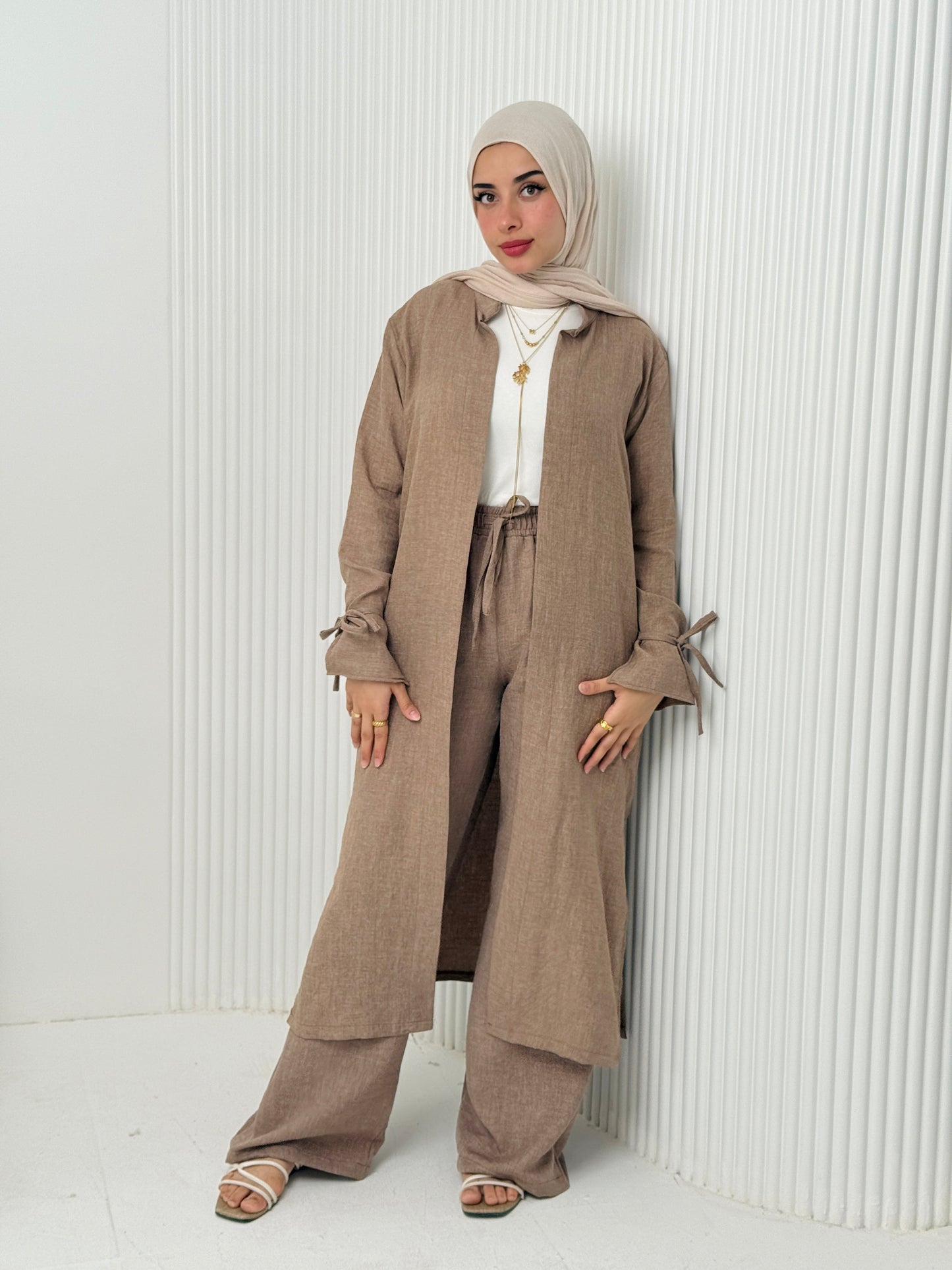 Linen Cardigan Set In Cafe