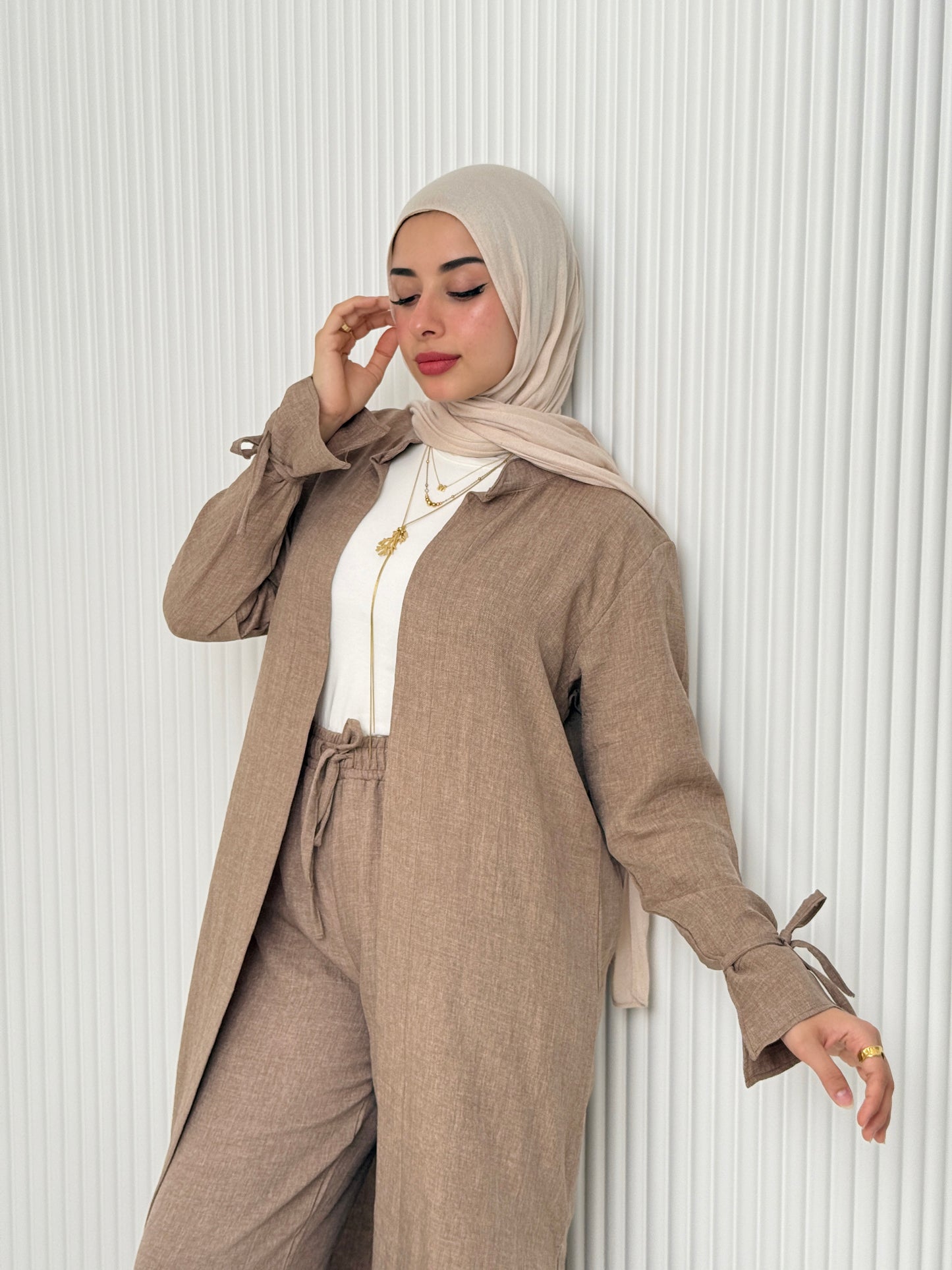 Linen Cardigan Set In Cafe
