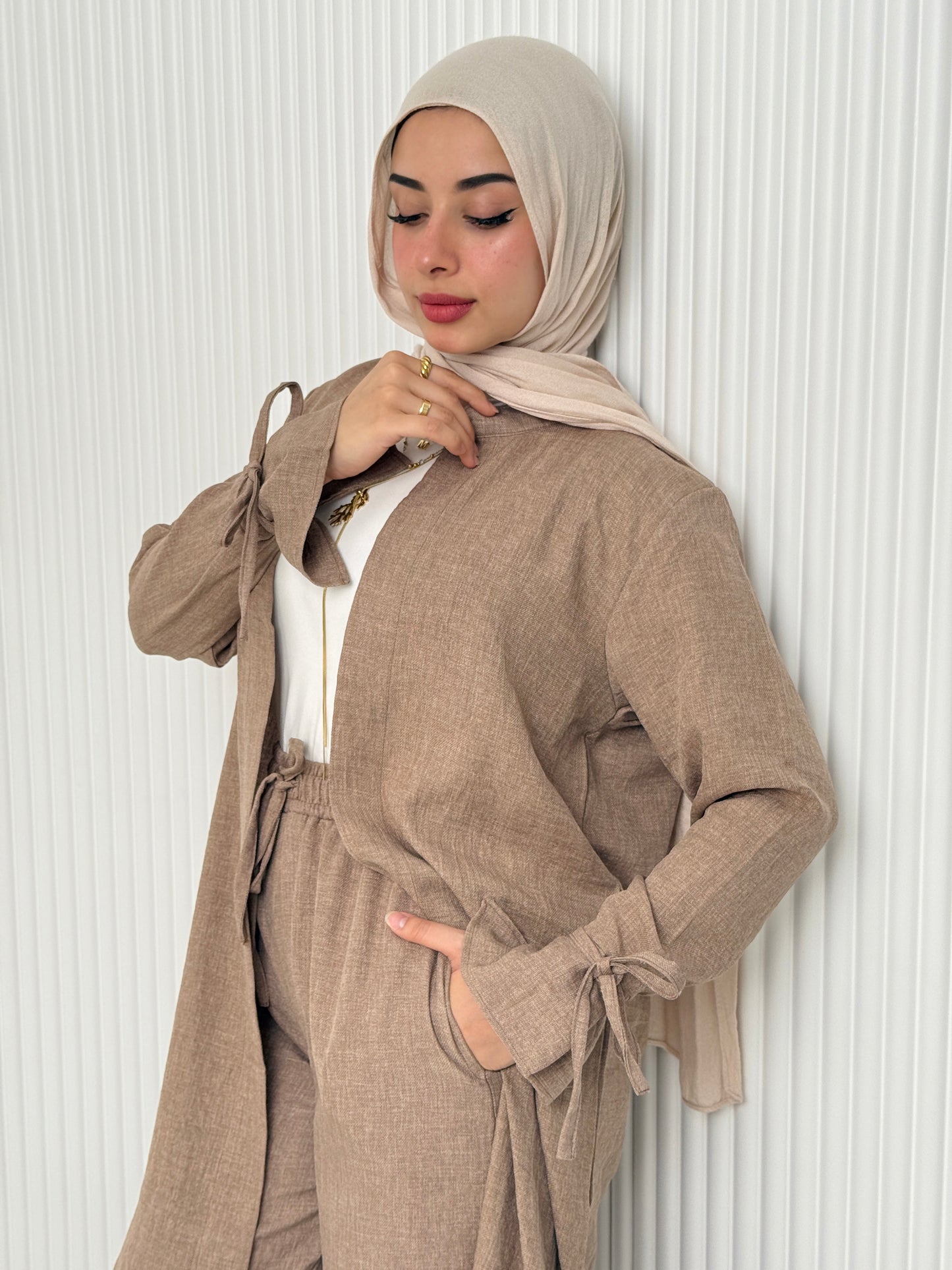 Linen Cardigan Set In Cafe