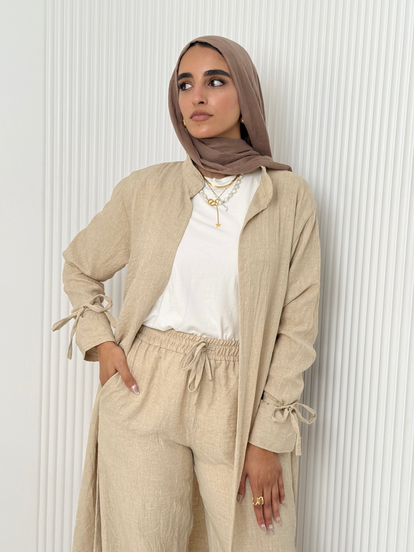 Linen Cardigan Set In Beige