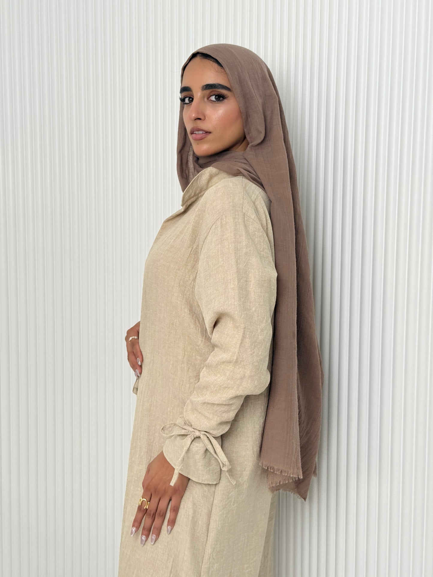 Linen Cardigan Set In Beige