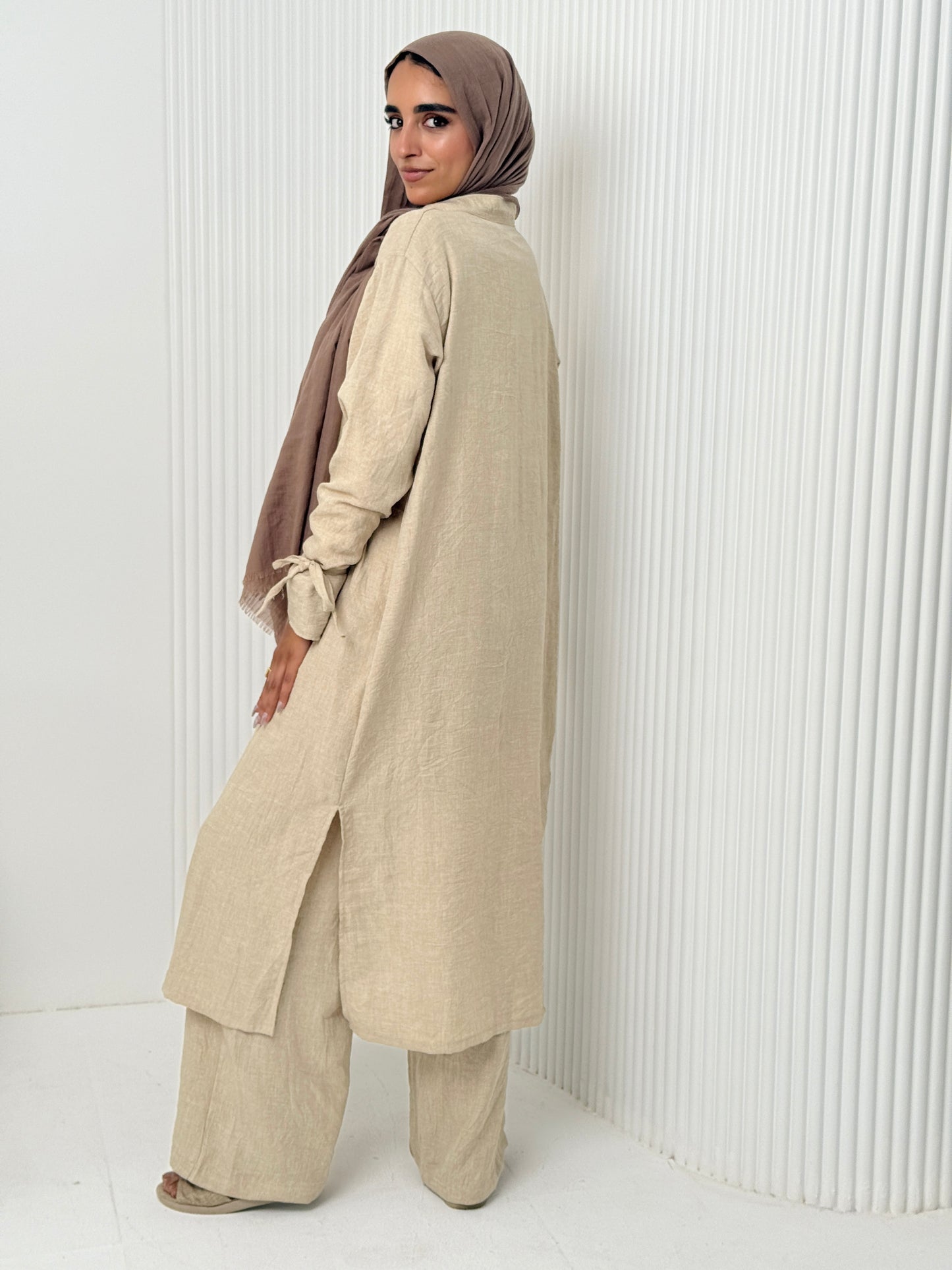 Linen Cardigan Set In Beige