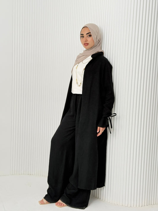 Linen Cardigan Set In Black