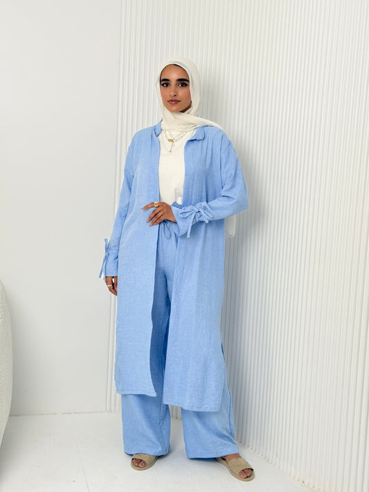 Linen Cardigan Set In Baby-Blue