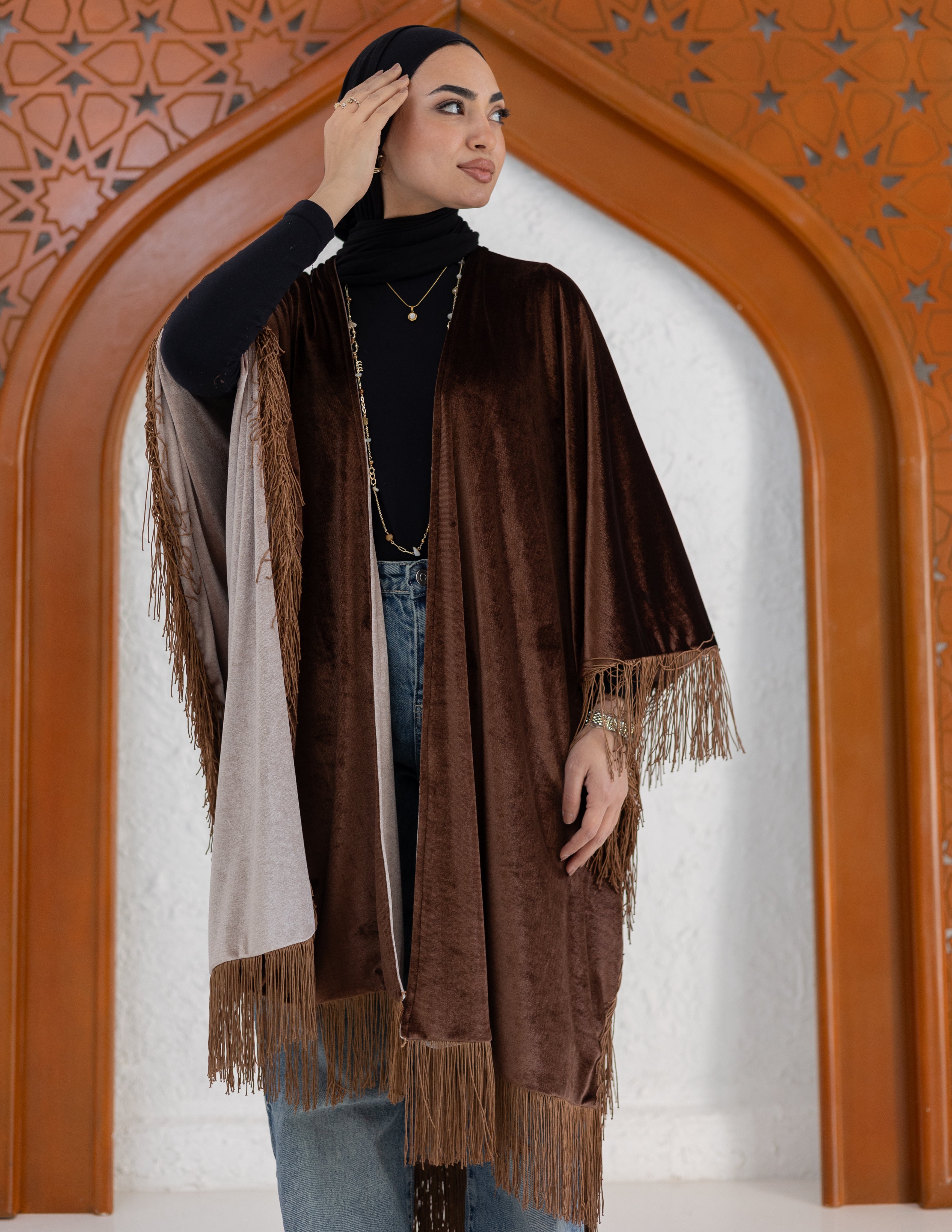 Hoor Fringed Cape - in Brown and Beige