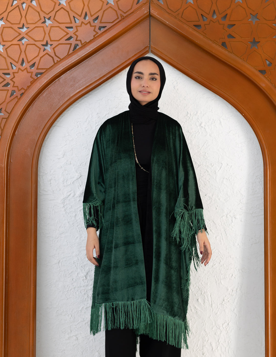 Hoor Fringed Cape — Black & Emerald Green