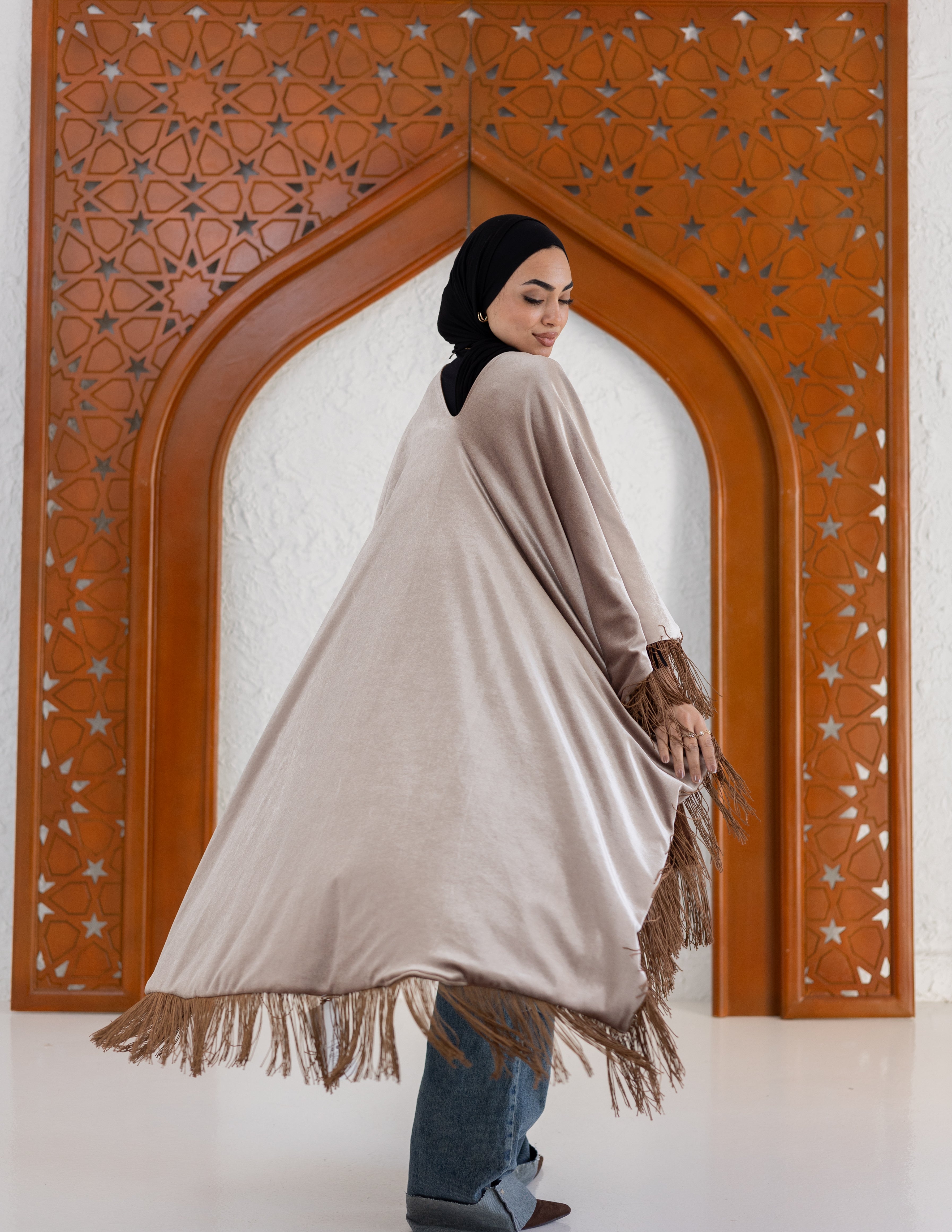 Hoor Fringed Cape - in Brown and Beige