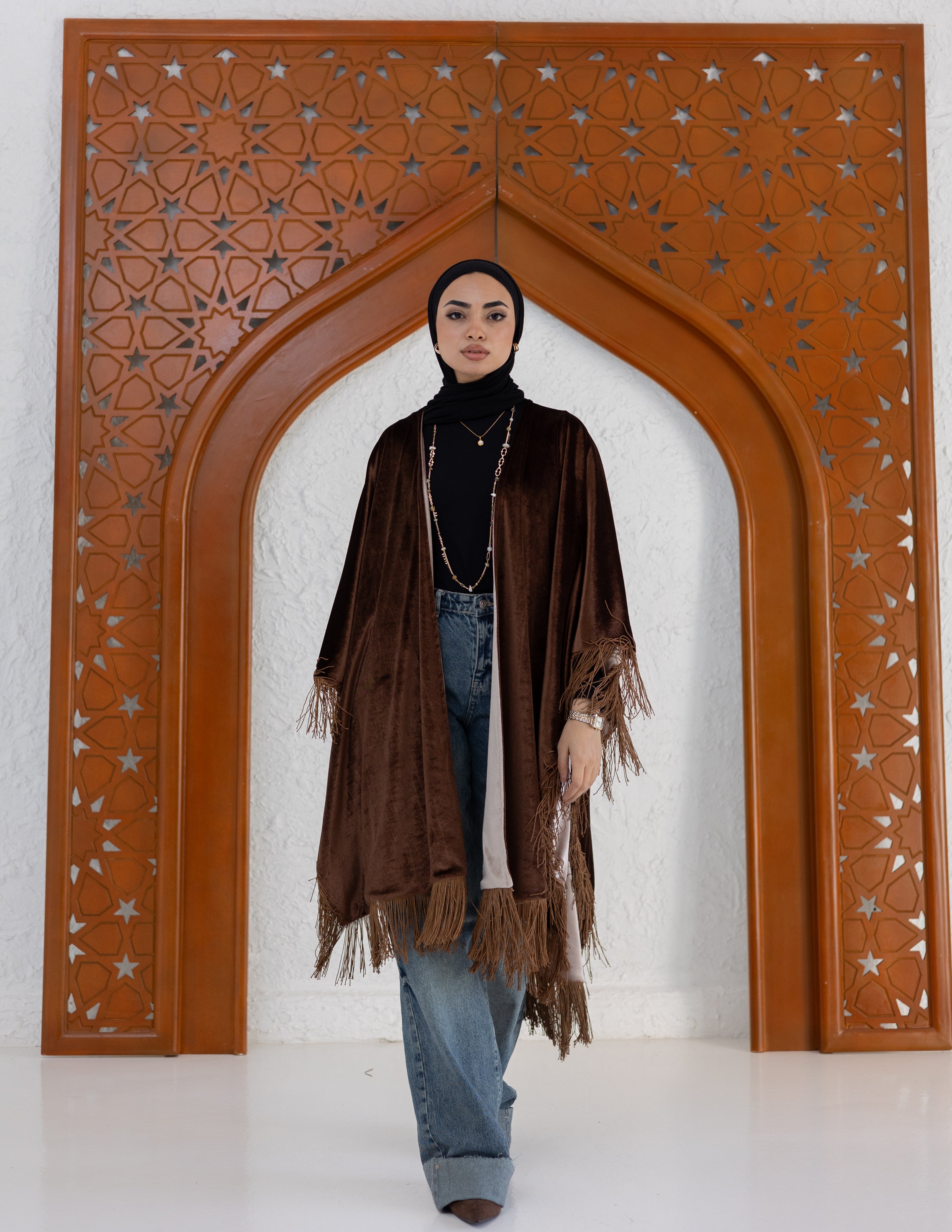 Hoor Fringed Cape - in Brown and Beige