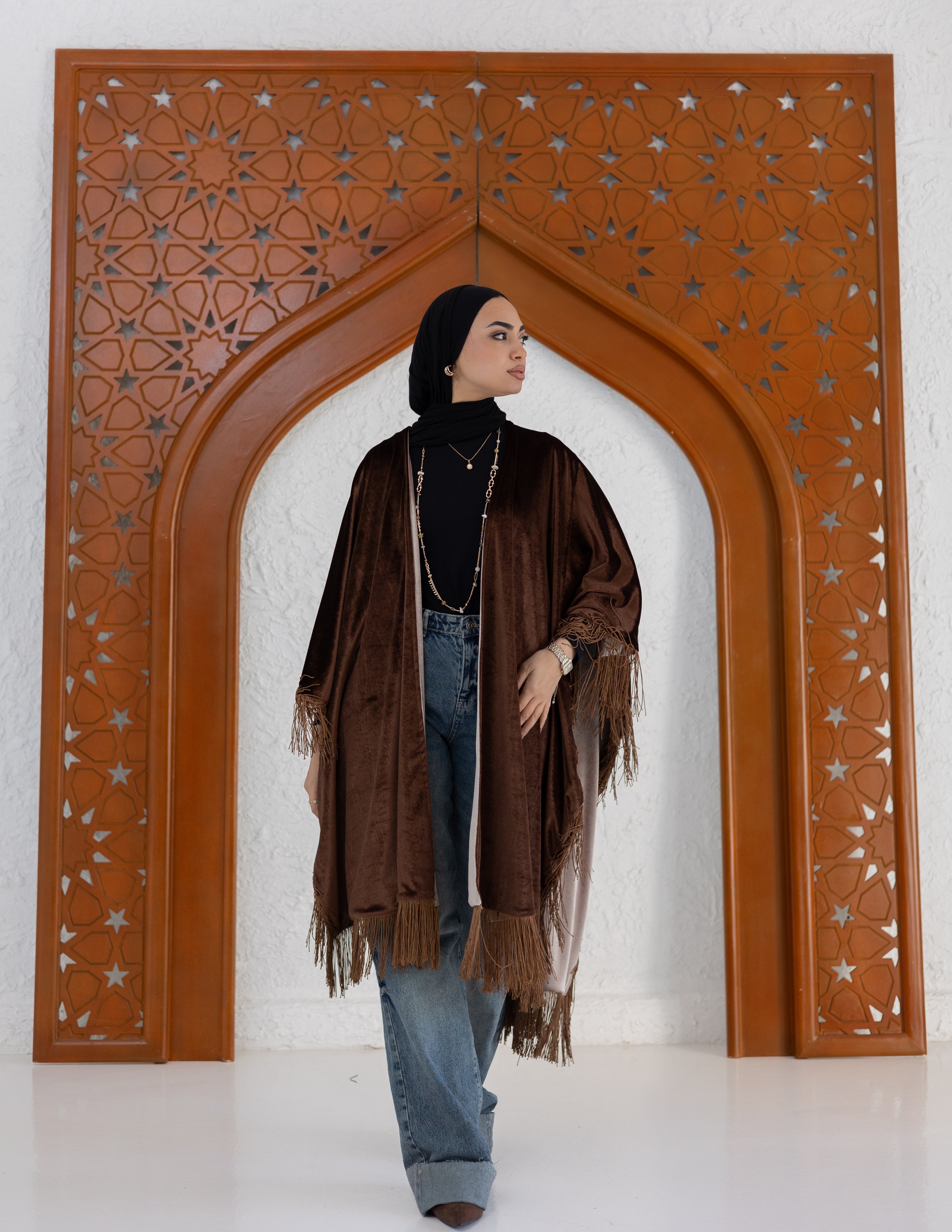 Hoor Fringed Cape - in Brown and Beige