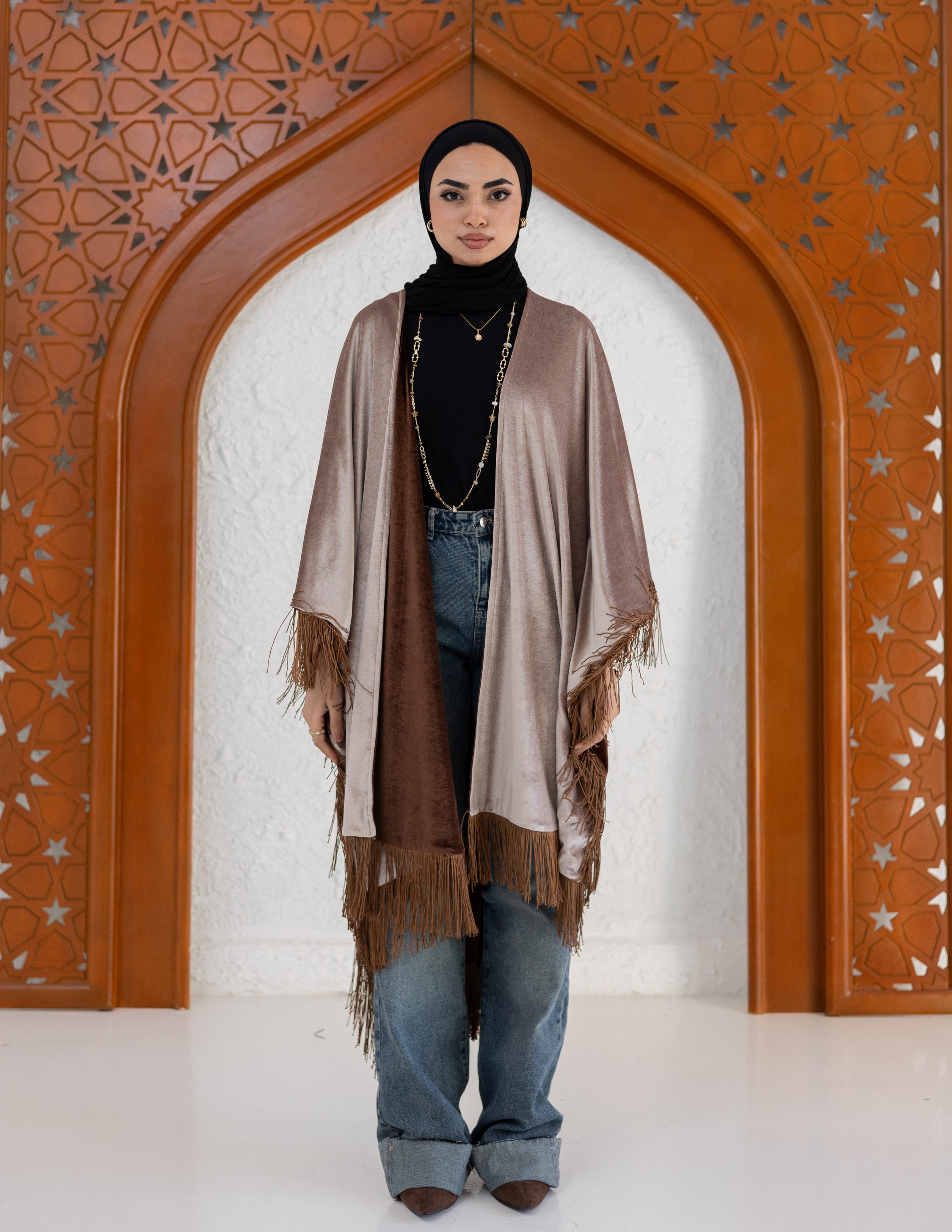 Hoor Fringed Cape - in Brown and Beige