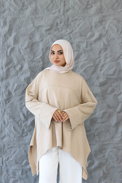 High low cotton top in Beige