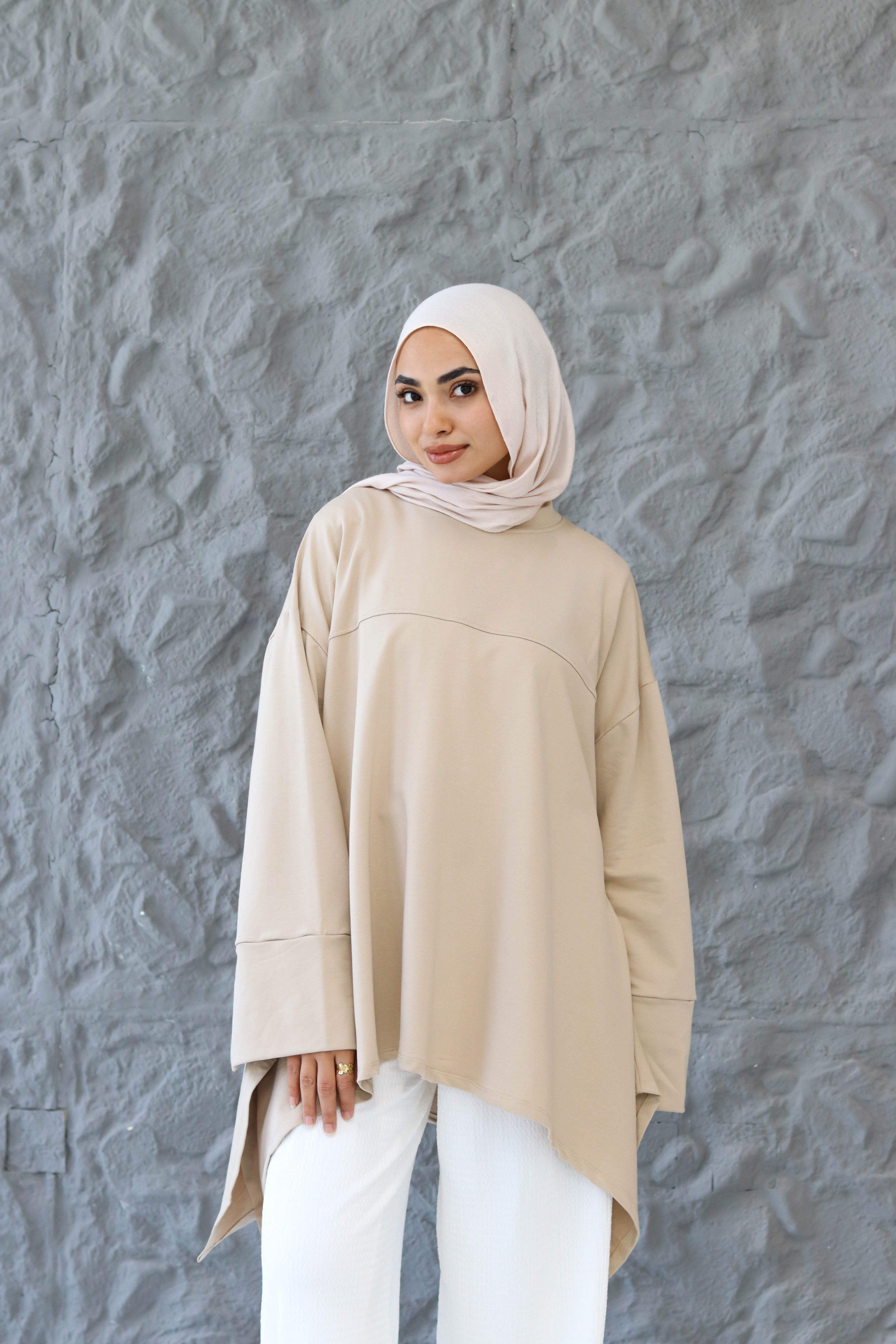 High low cotton top in Beige