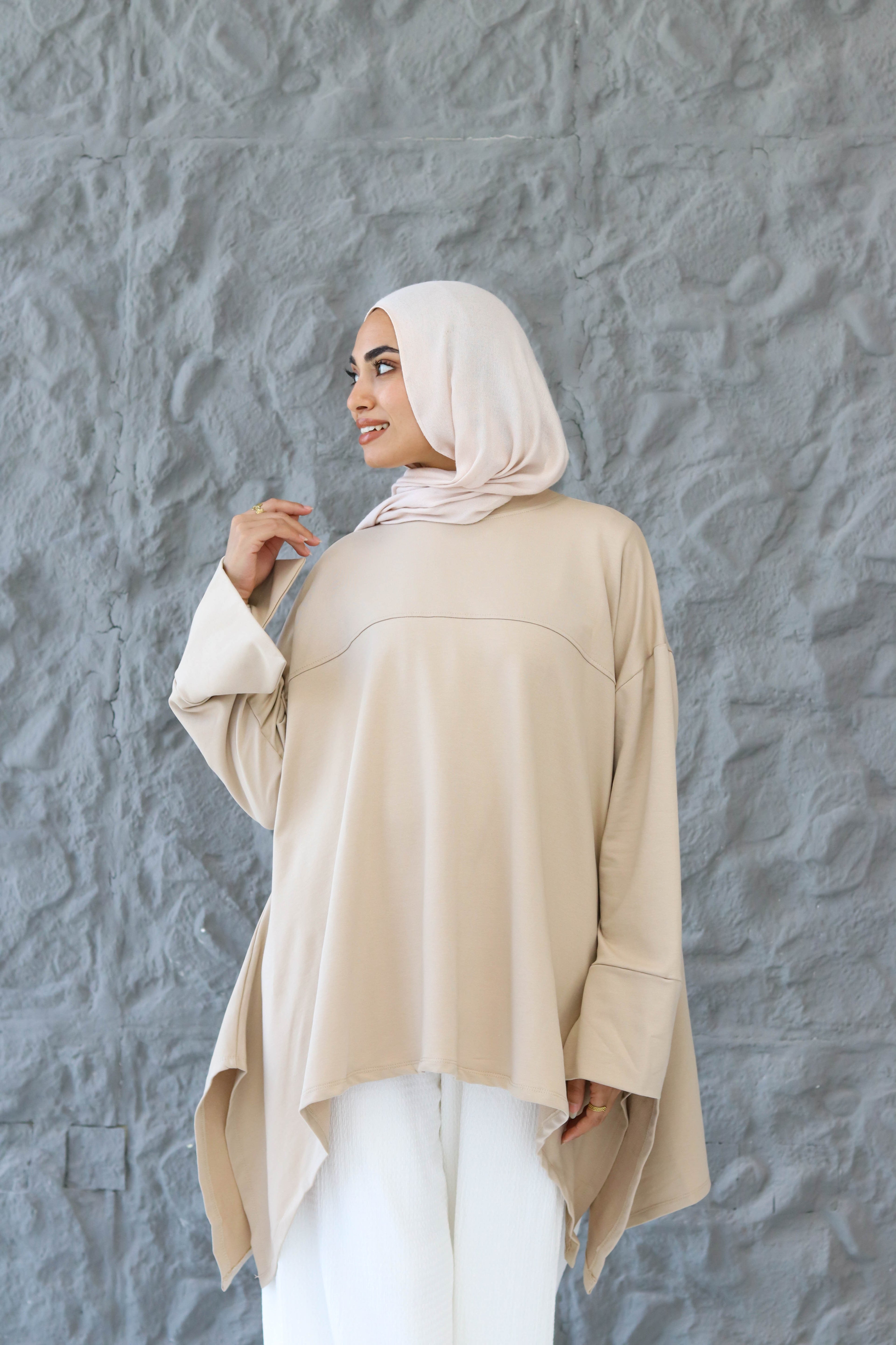 High low cotton top in Beige