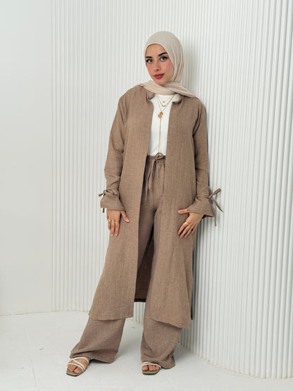 Linen Cardigan Set In Cafe