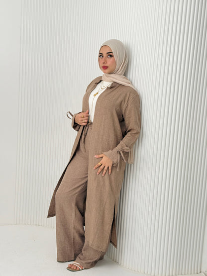 Linen Cardigan Set In Cafe