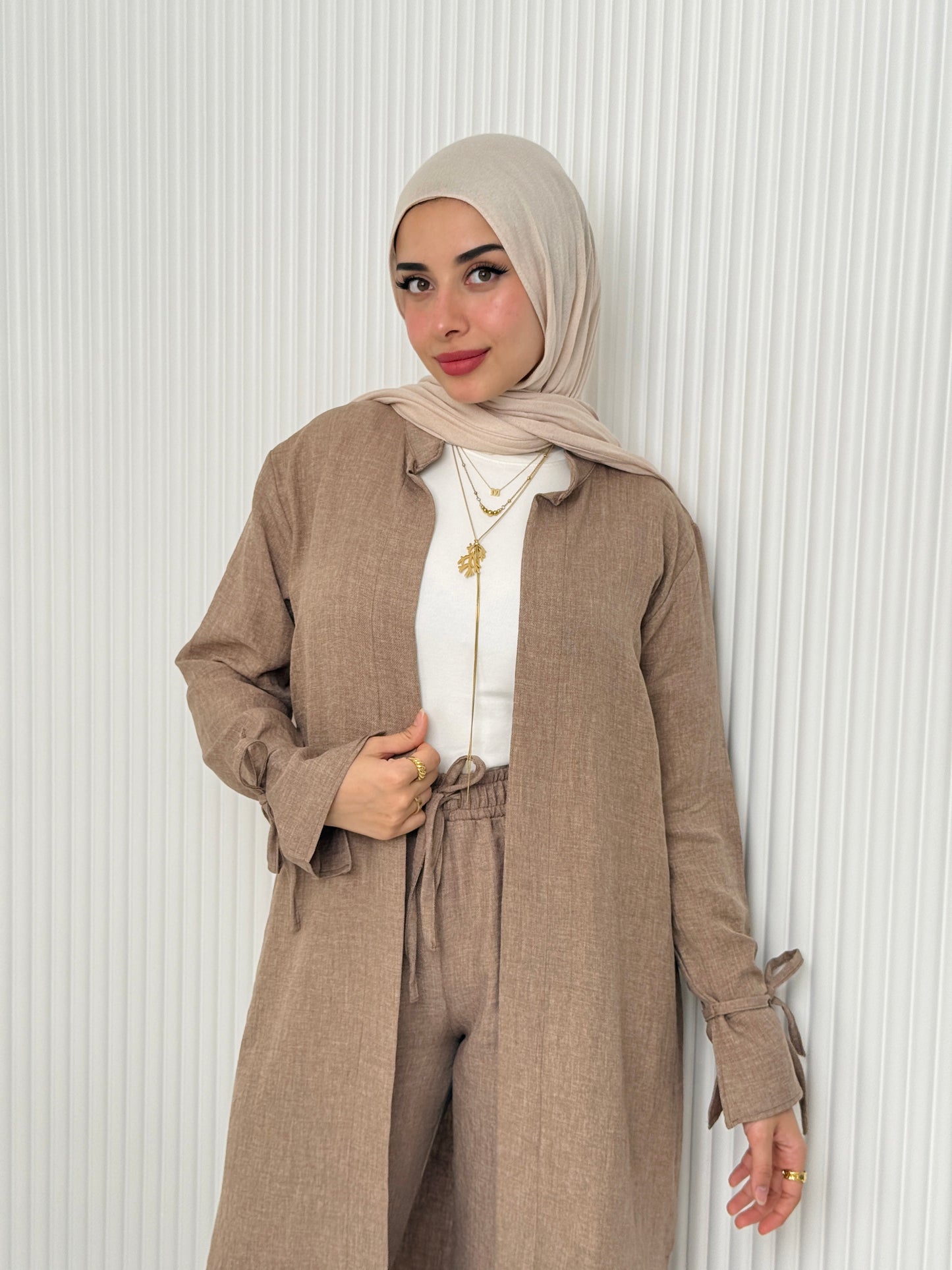 Linen Cardigan Set In Cafe