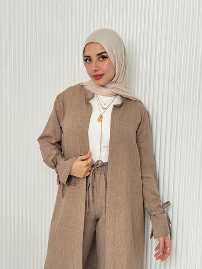 Linen Cardigan Set In Cafe