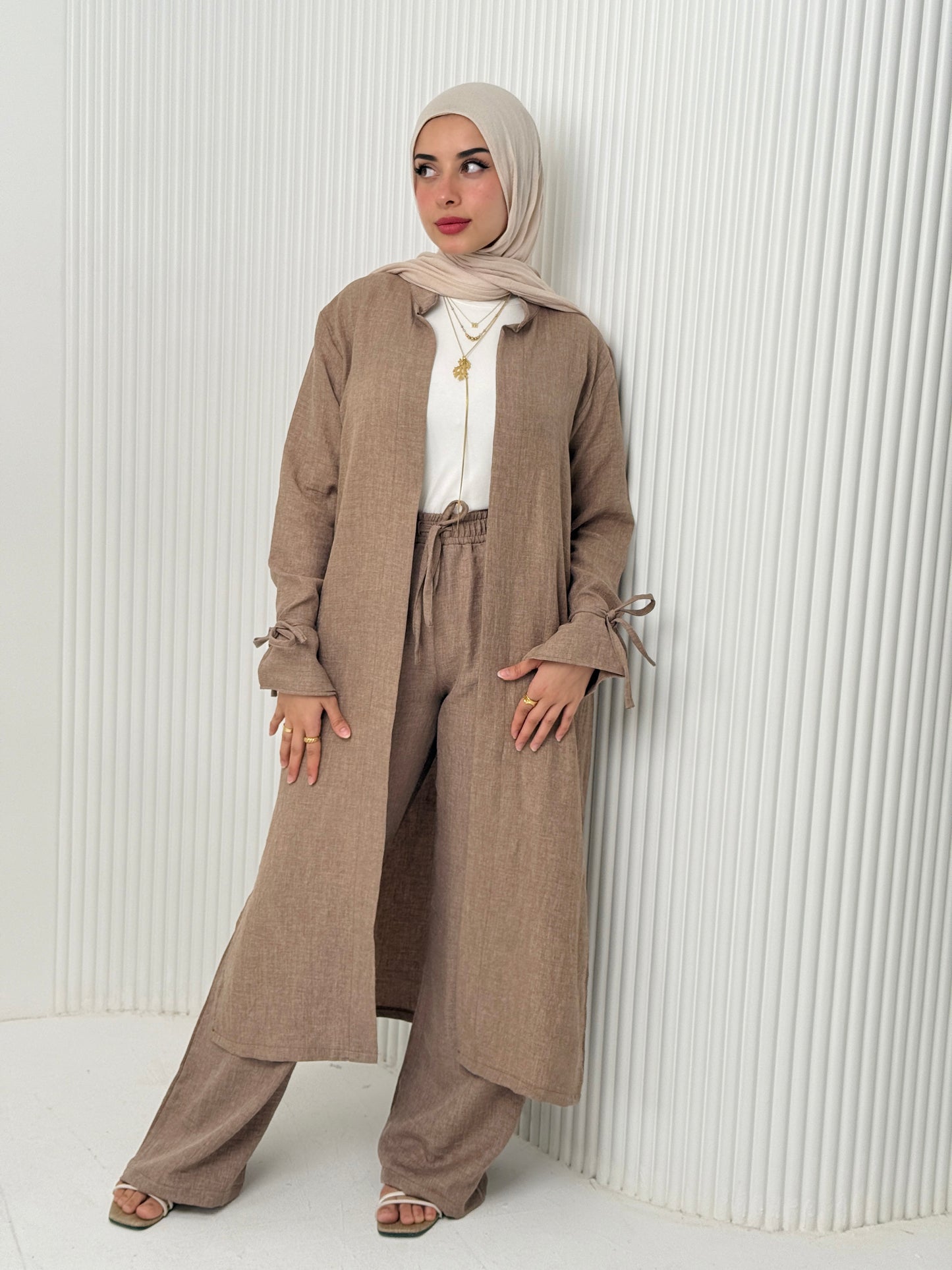 Linen Cardigan Set In Cafe