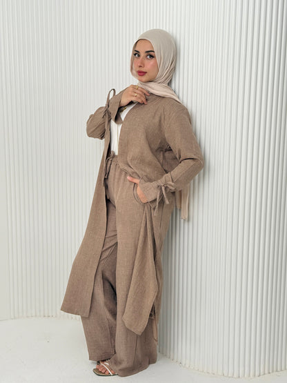 Linen Cardigan Set In Cafe