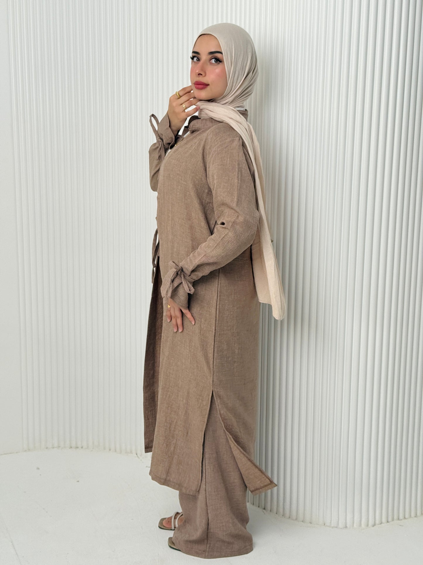 Linen Cardigan Set In Cafe