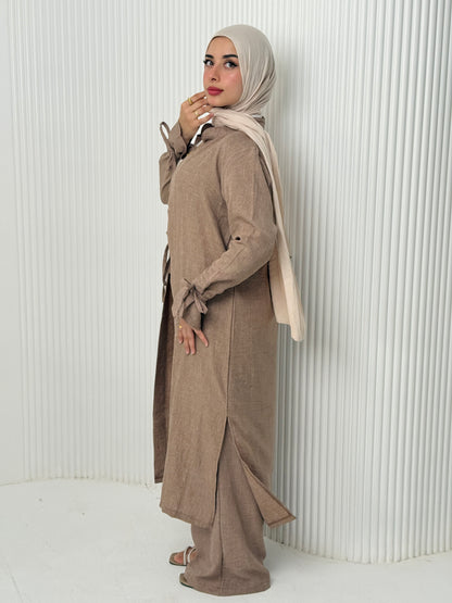 Linen Cardigan Set In Cafe