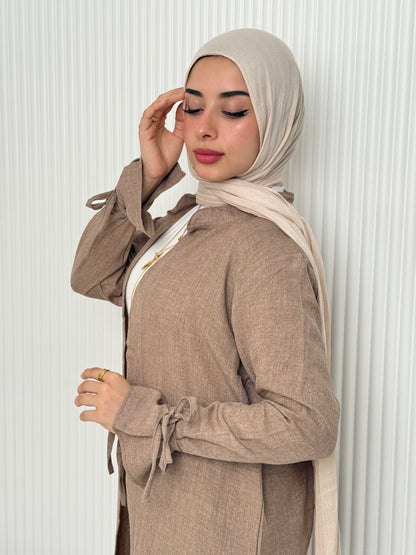 Linen Cardigan Set In Cafe