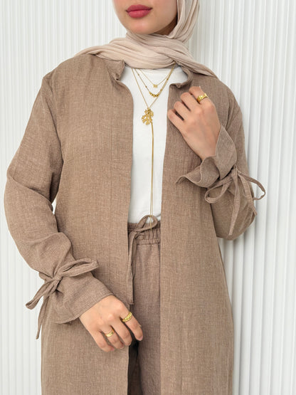 Linen Cardigan Set In Cafe