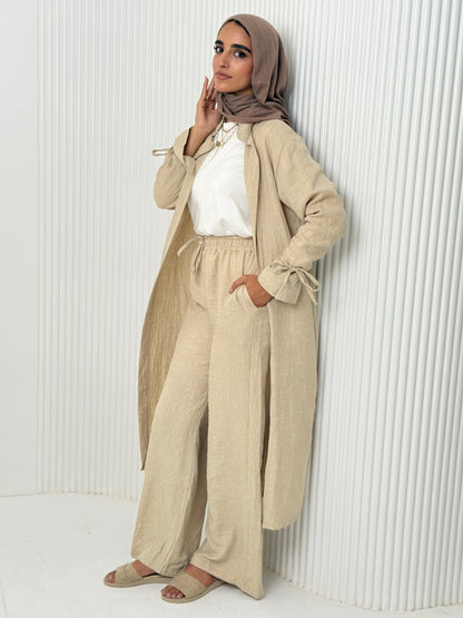 Linen Cardigan Set In Beige