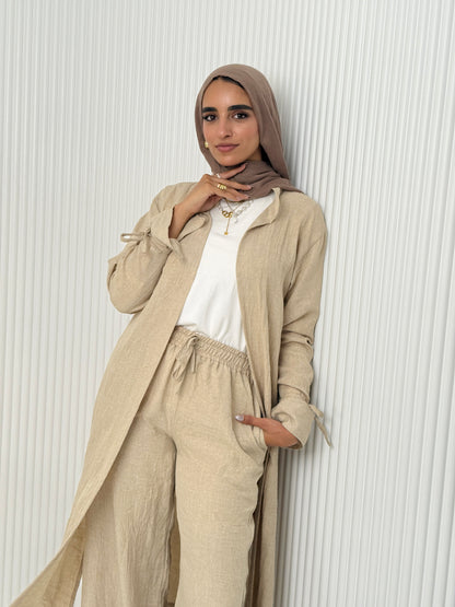 Linen Cardigan Set In Beige