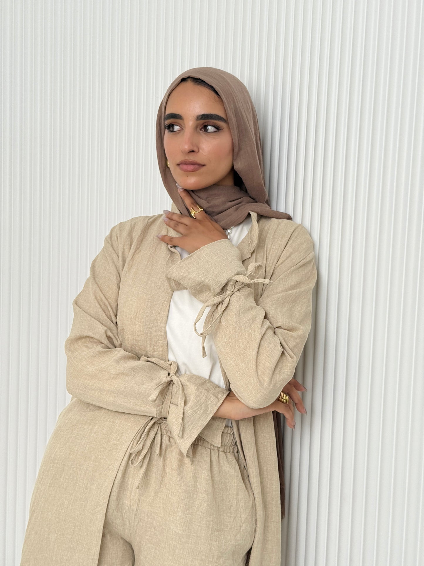 Linen Cardigan Set In Beige