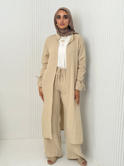 Linen Cardigan Set In Beige