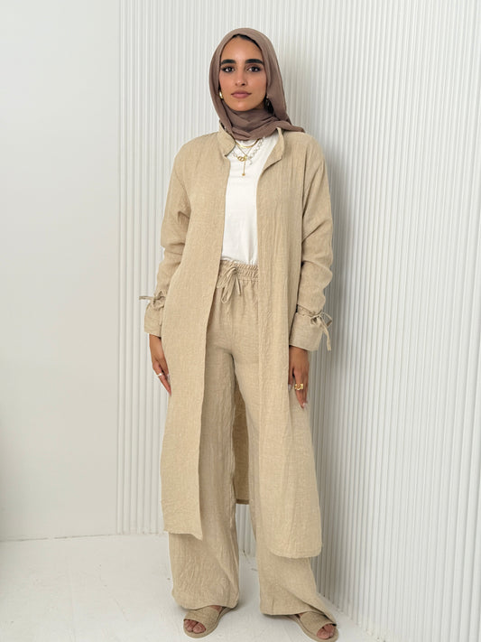 Linen Cardigan Set In Beige