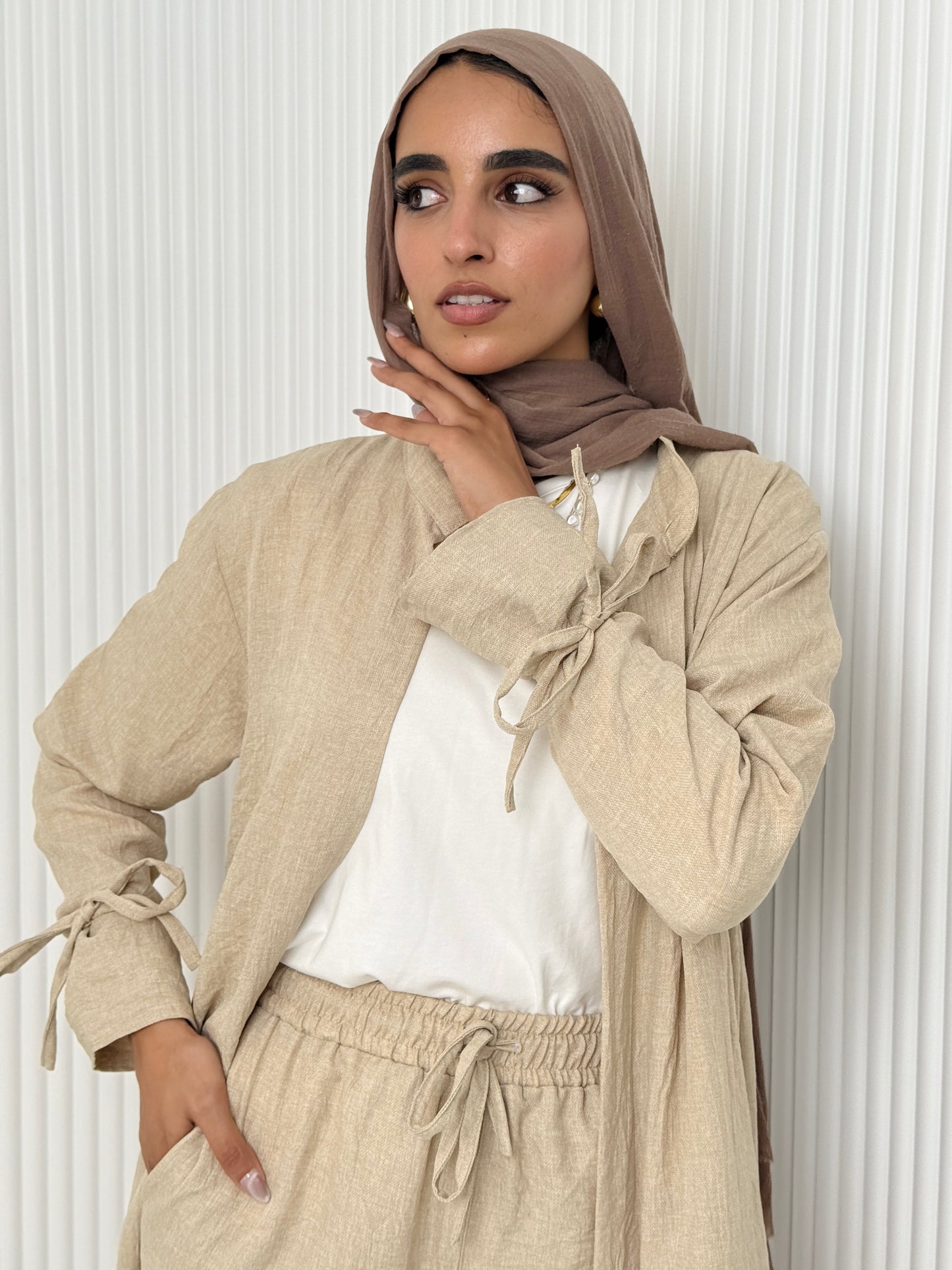 Linen Cardigan Set In Beige