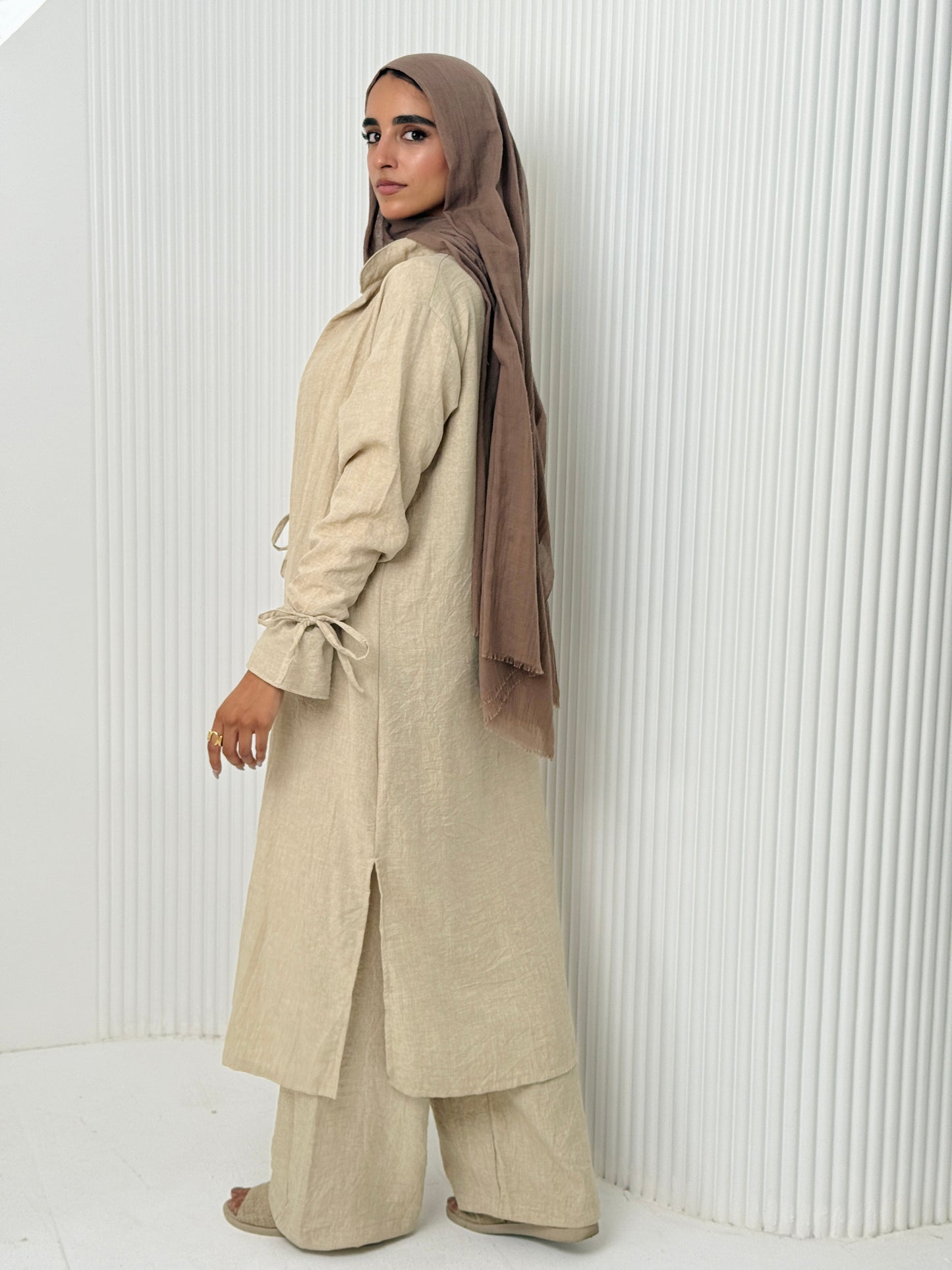 Linen Cardigan Set In Beige