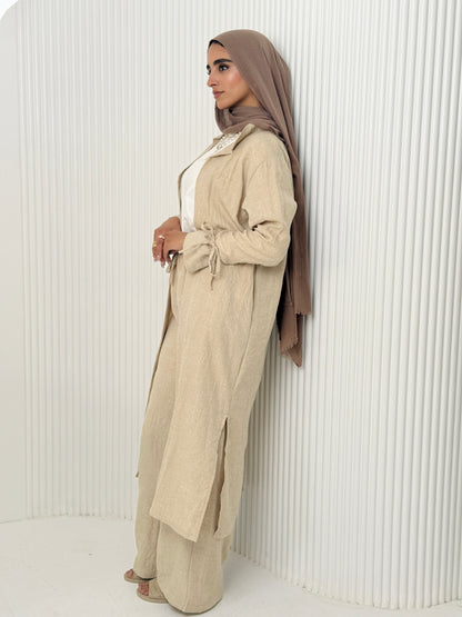 Linen Cardigan Set In Beige