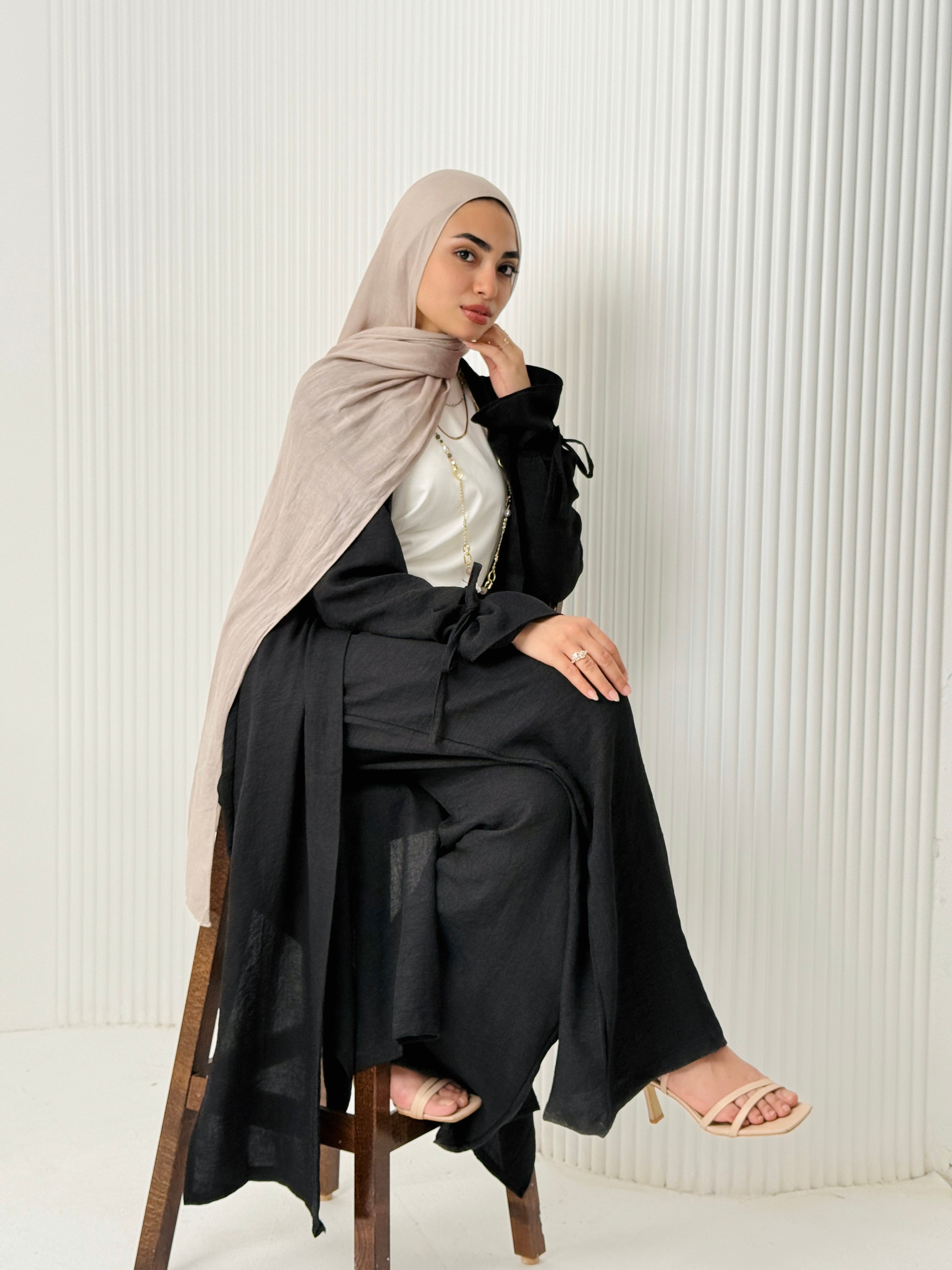 Linen Cardigan Set In Black