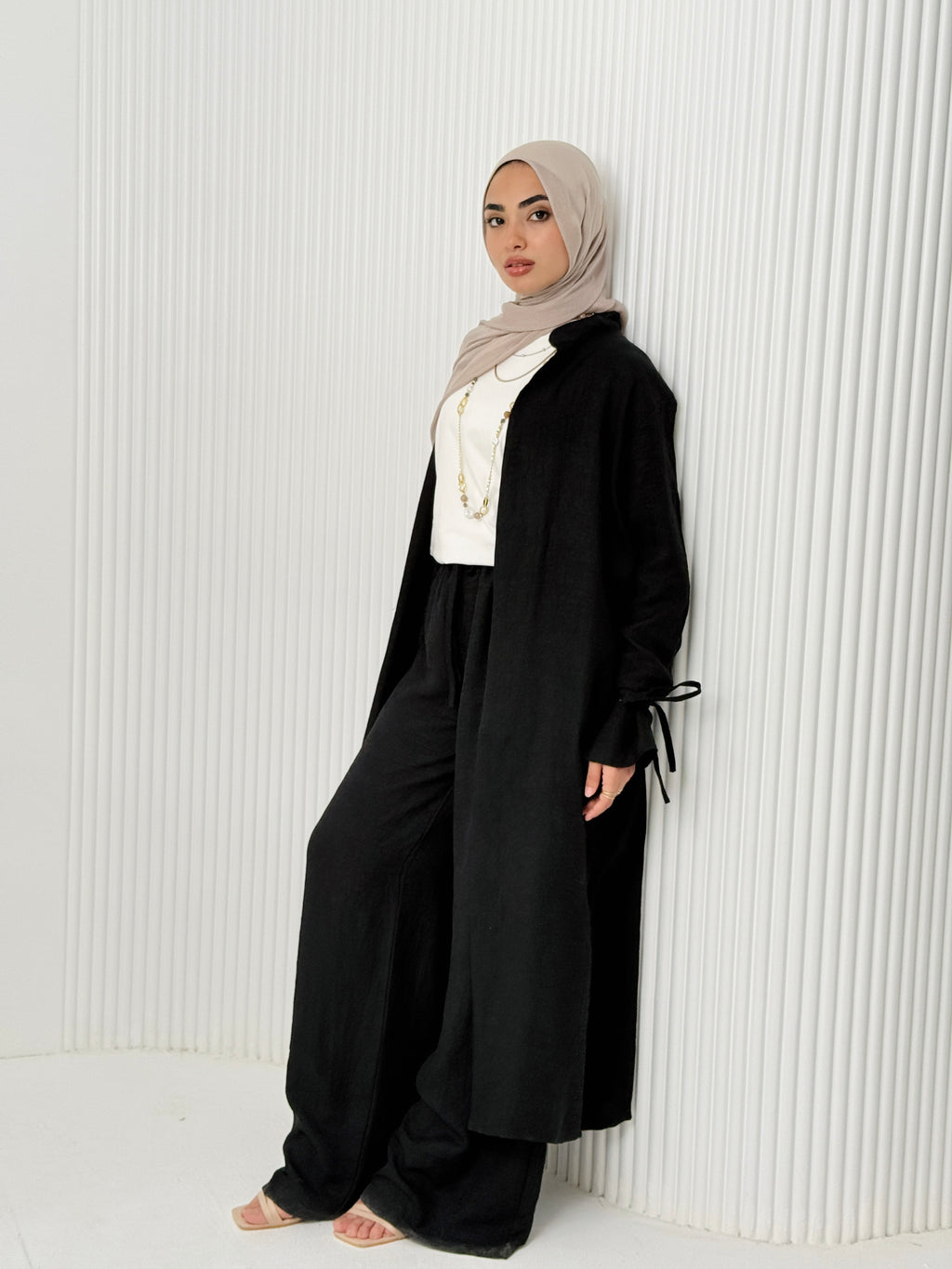 Linen Cardigan Set In Black