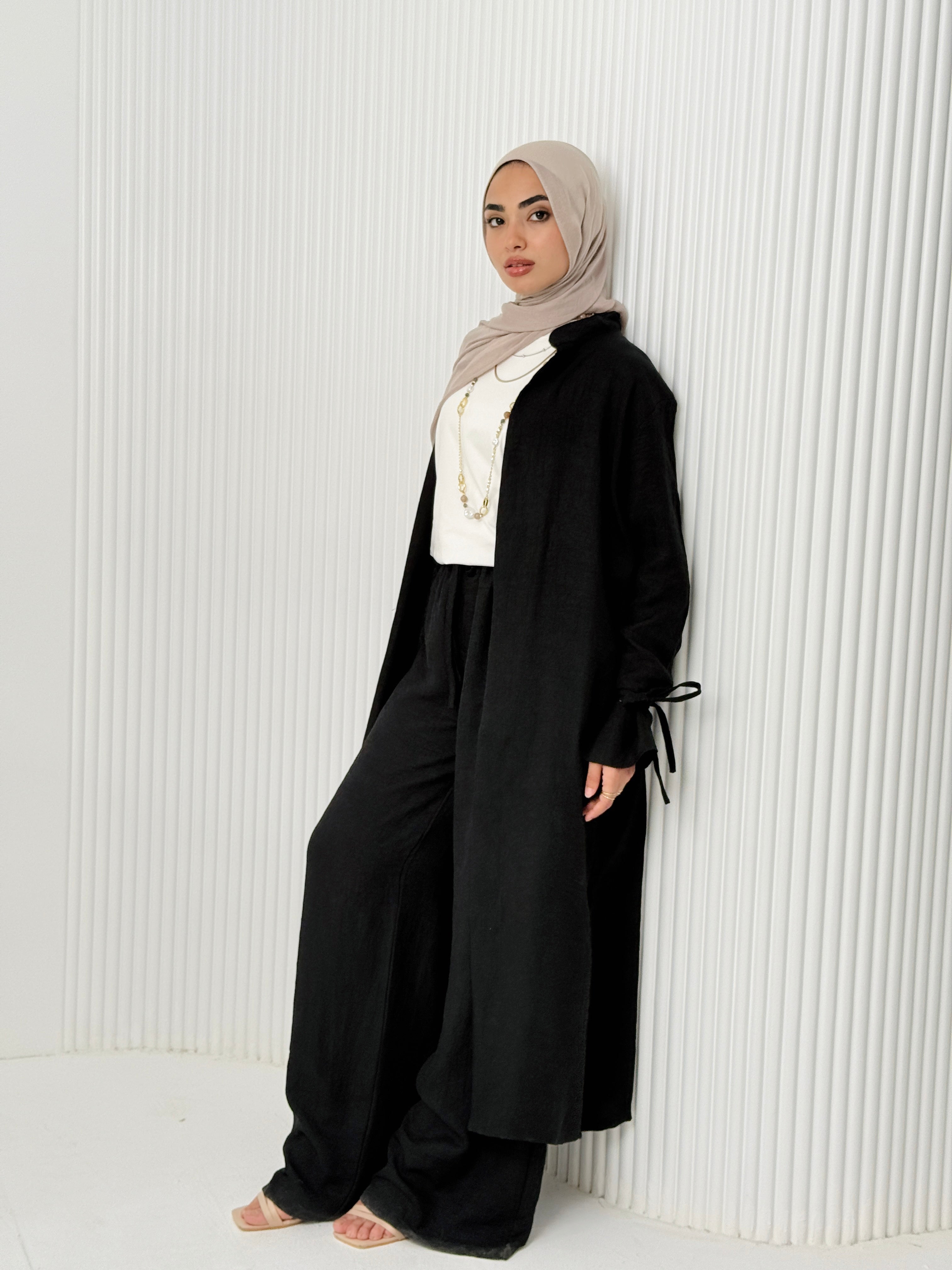 Linen Cardigan Set In Black