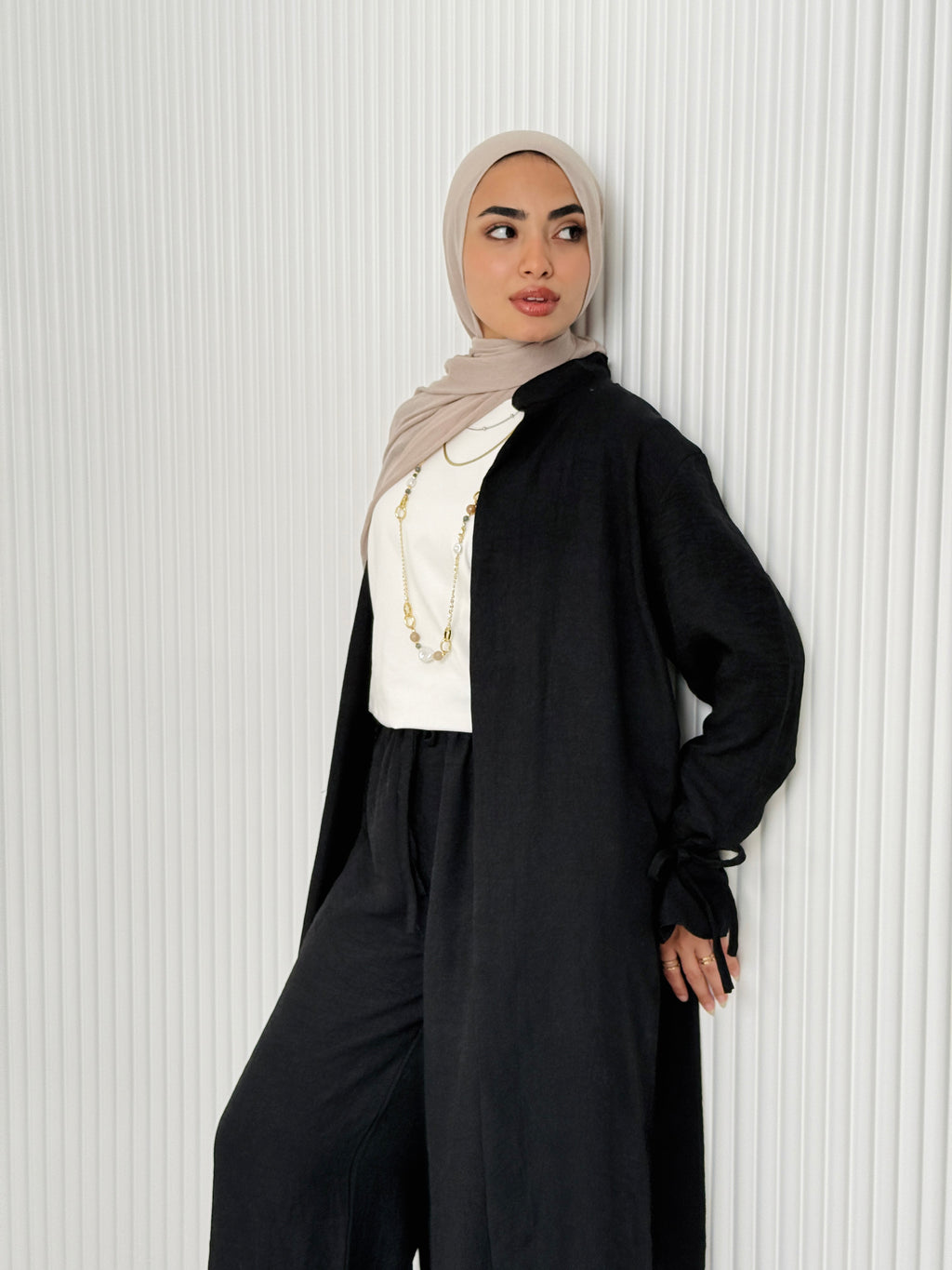 Linen Cardigan Set In Black