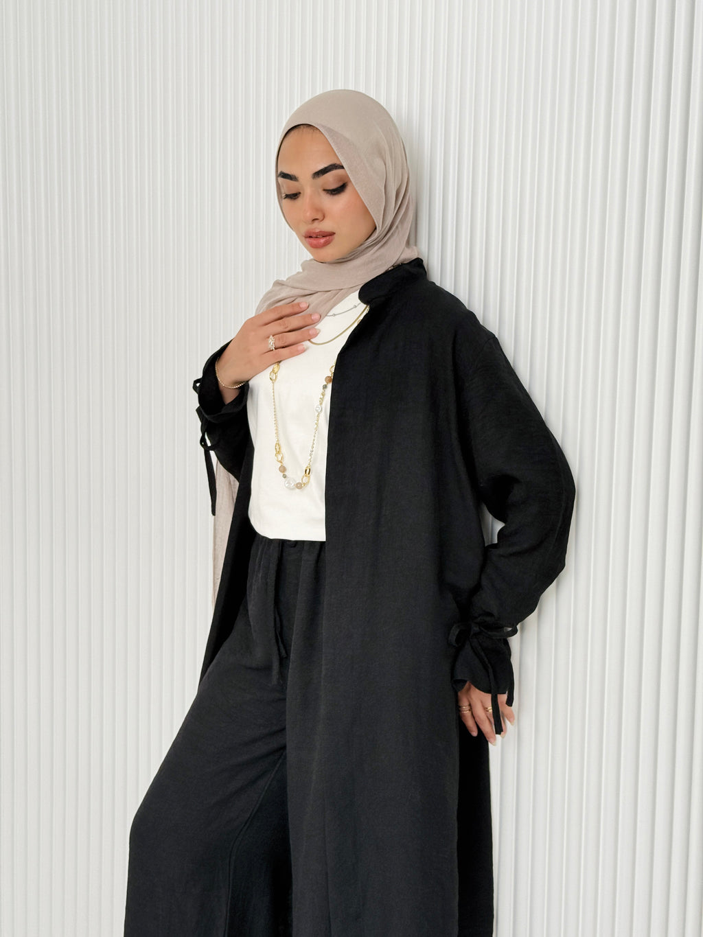 Linen Cardigan Set In Black