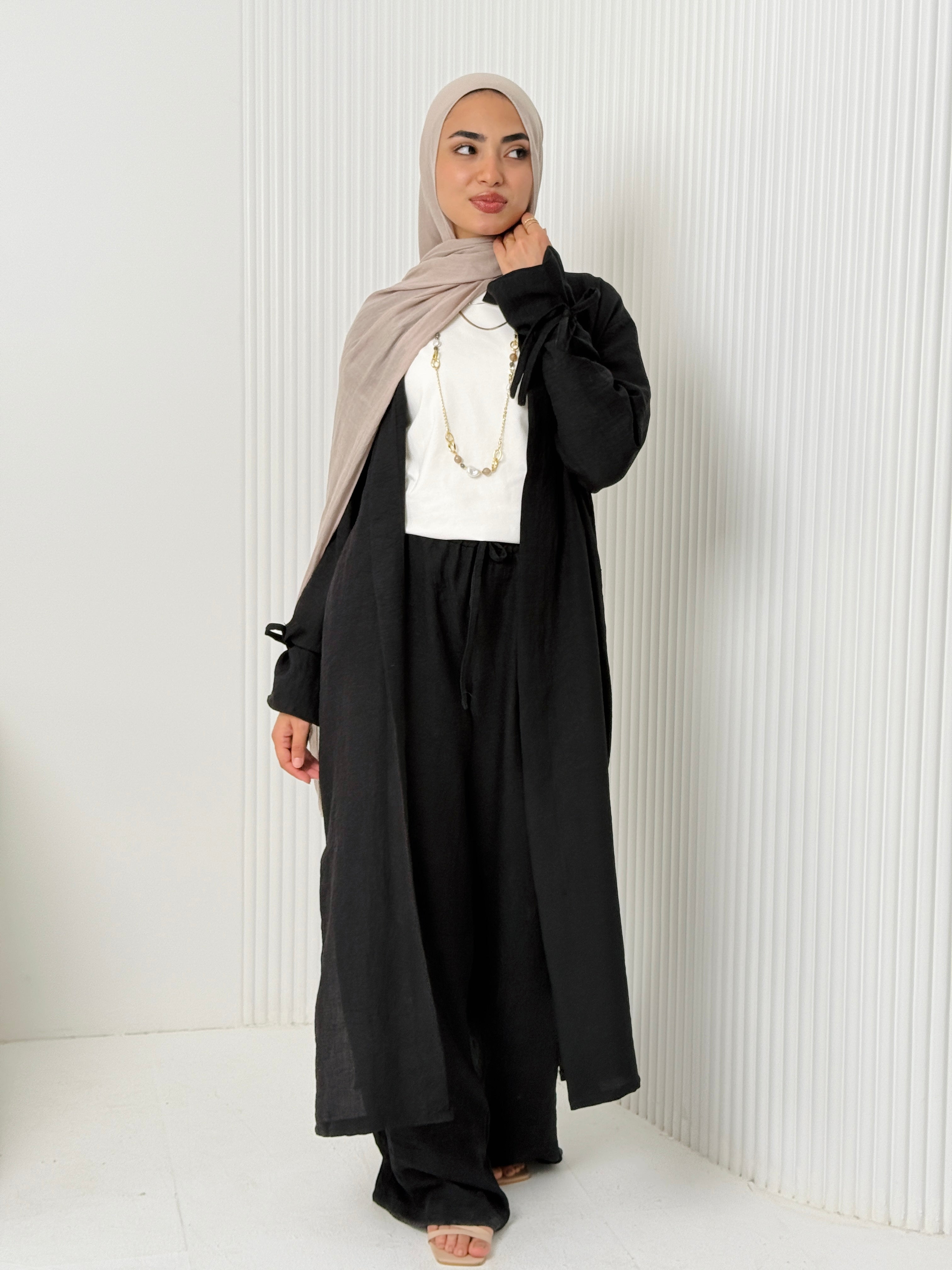 Linen Cardigan Set In Black