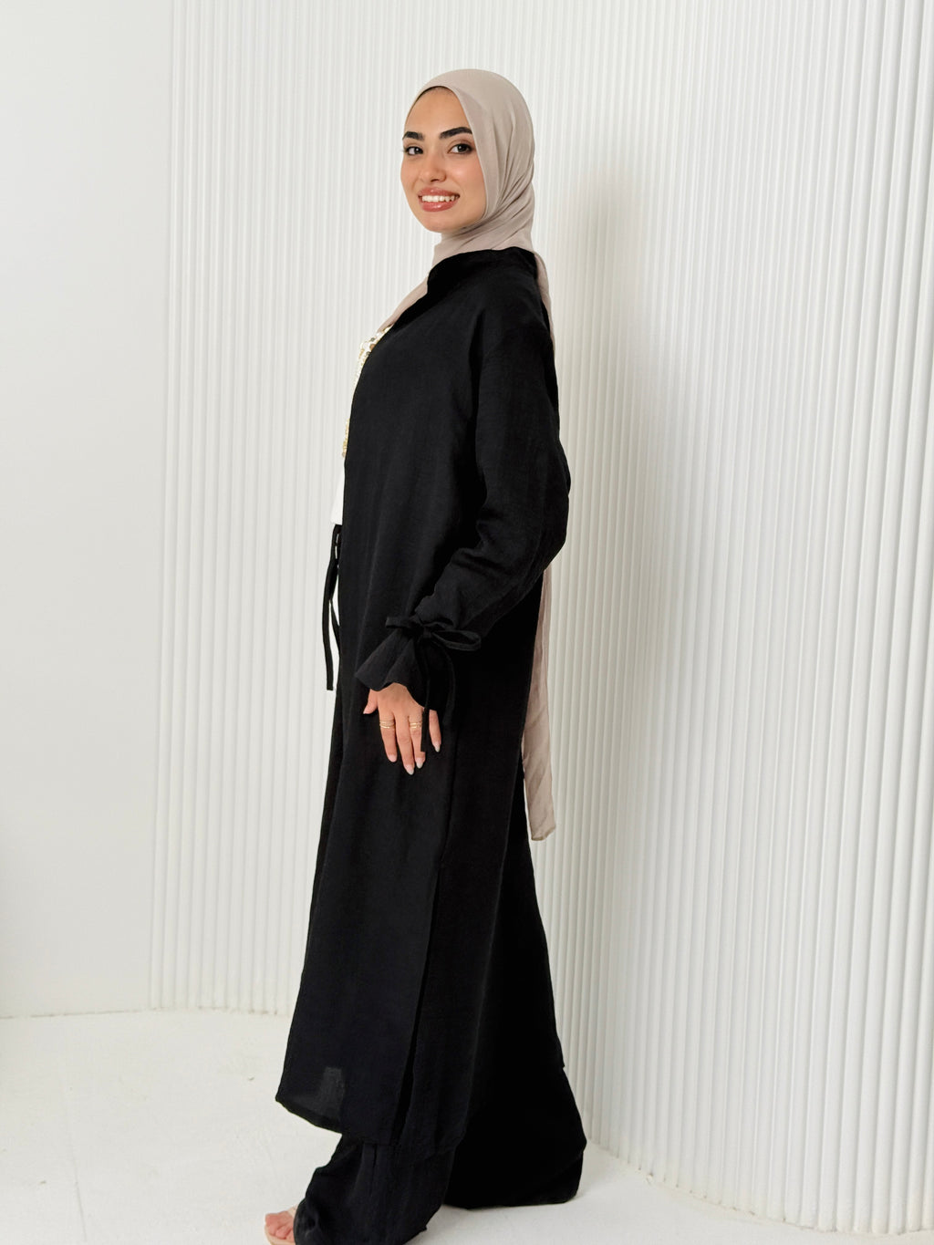 Linen Cardigan Set In Black