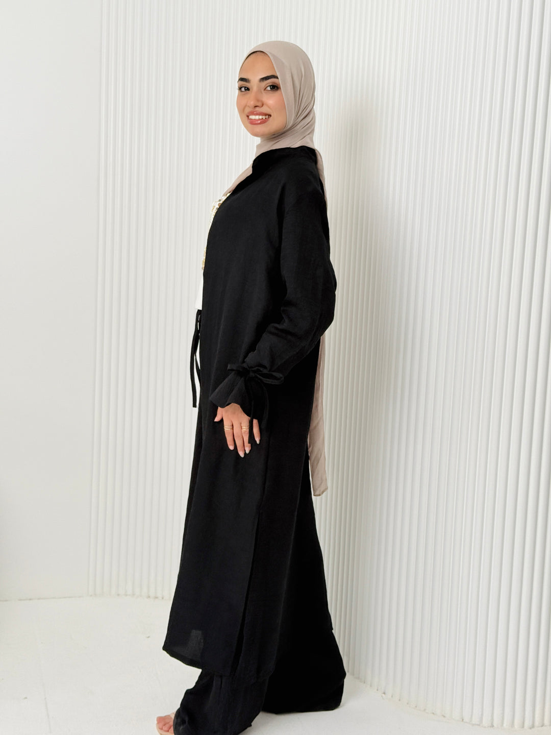 Linen Cardigan Set In Black