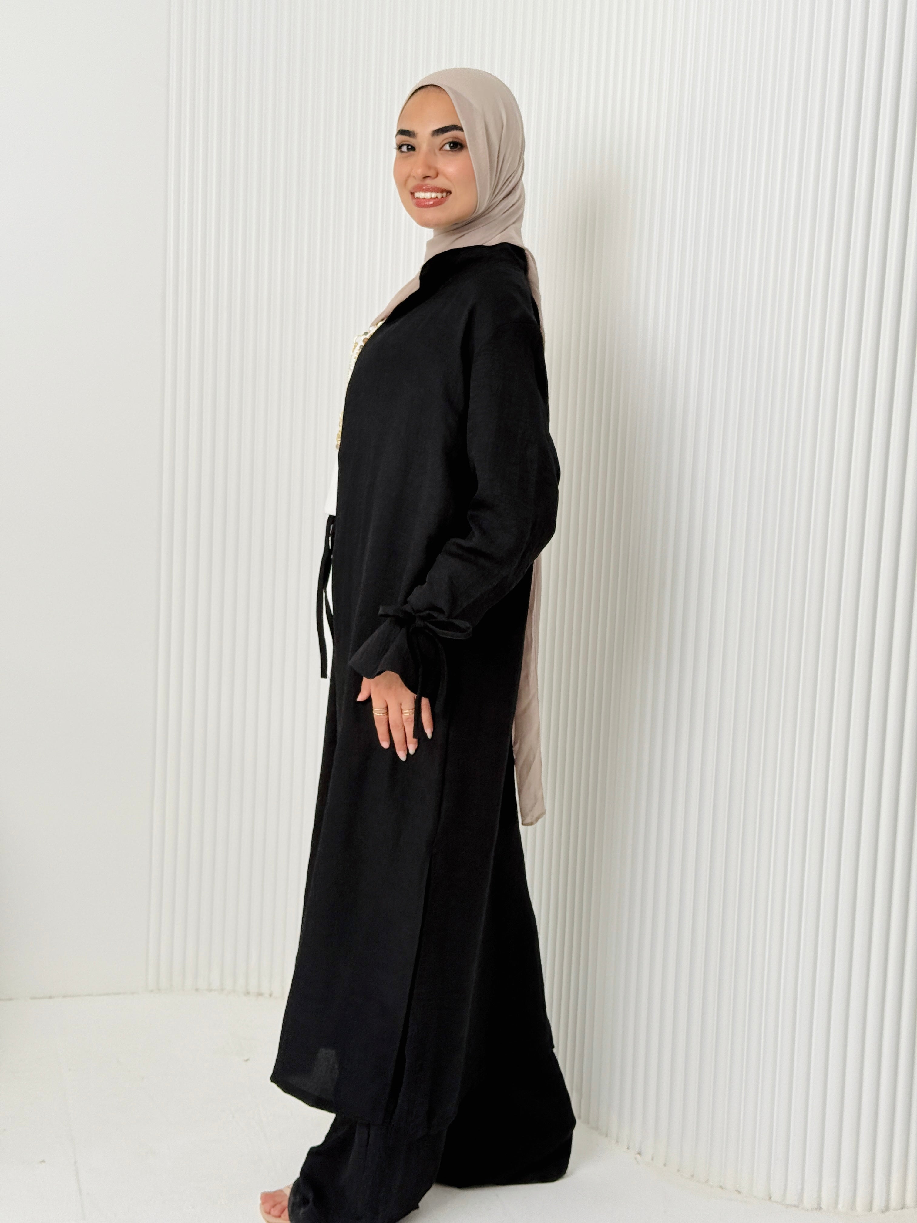 Linen Cardigan Set In Black