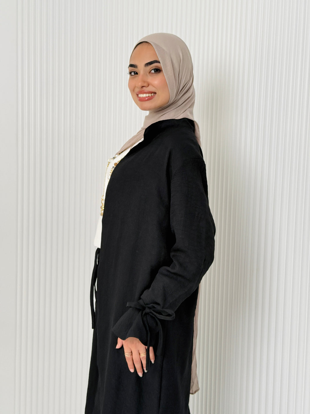 Linen Cardigan Set In Black