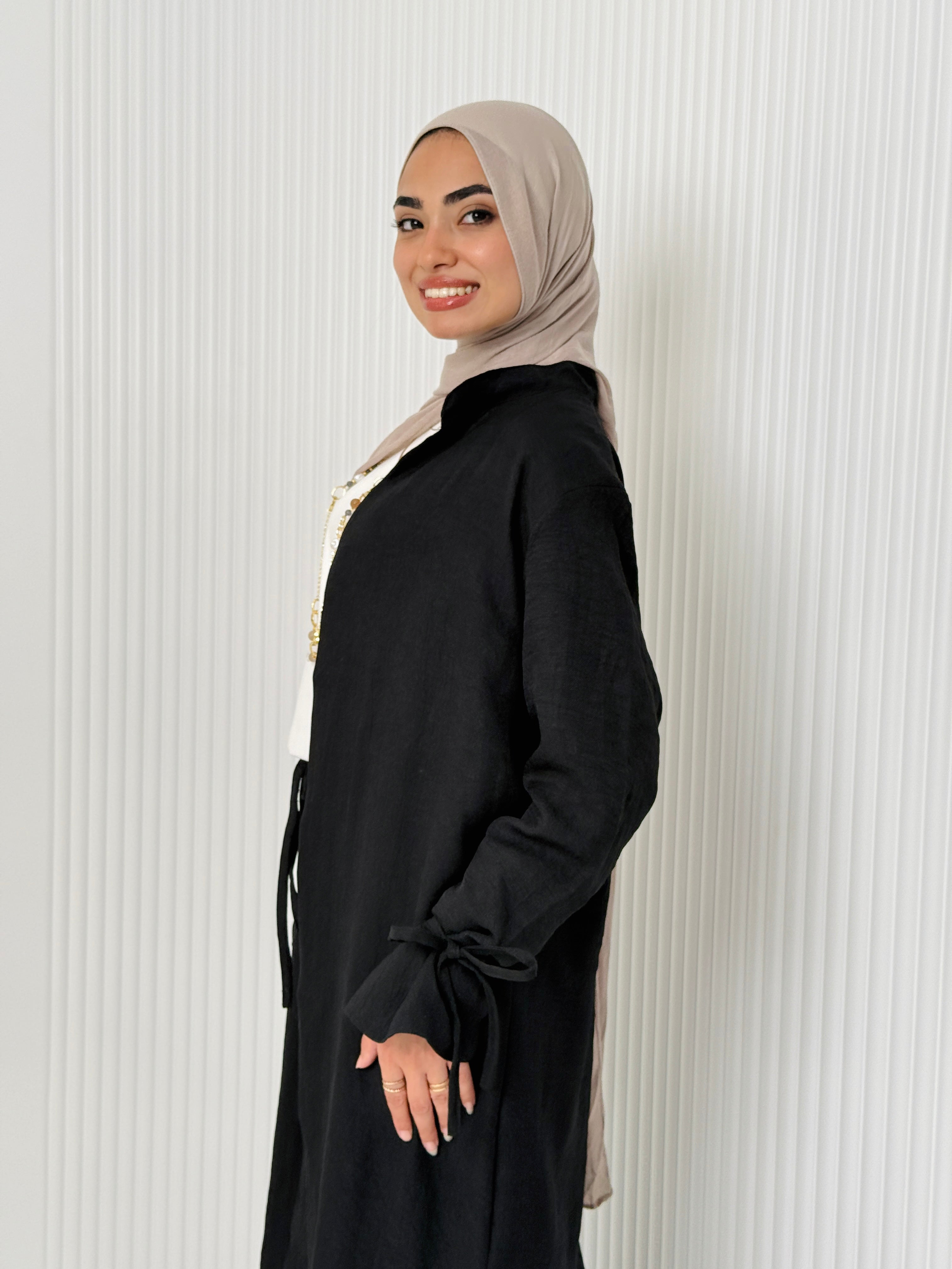 Linen Cardigan Set In Black