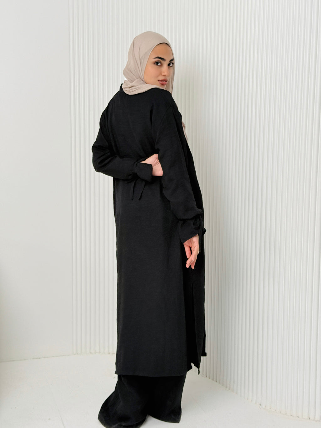 Linen Cardigan Set In Black