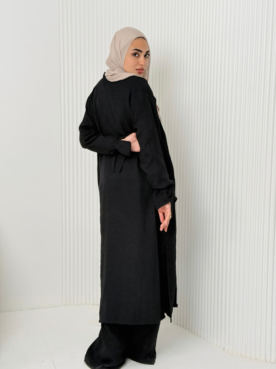 Linen Cardigan Set In Black