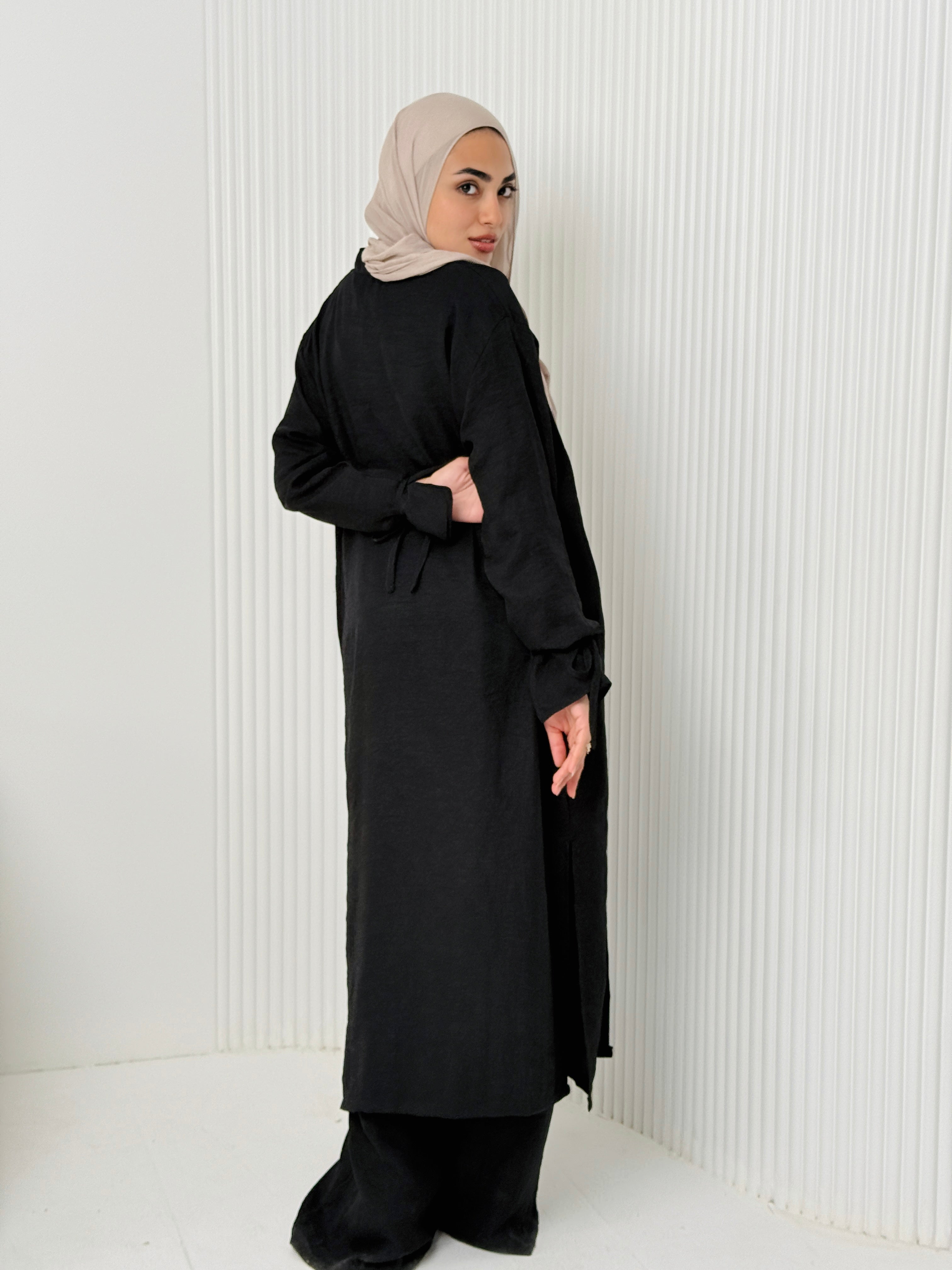 Linen Cardigan Set In Black