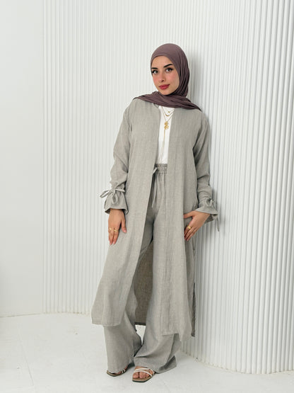 Linen Cardigan Set In Grey